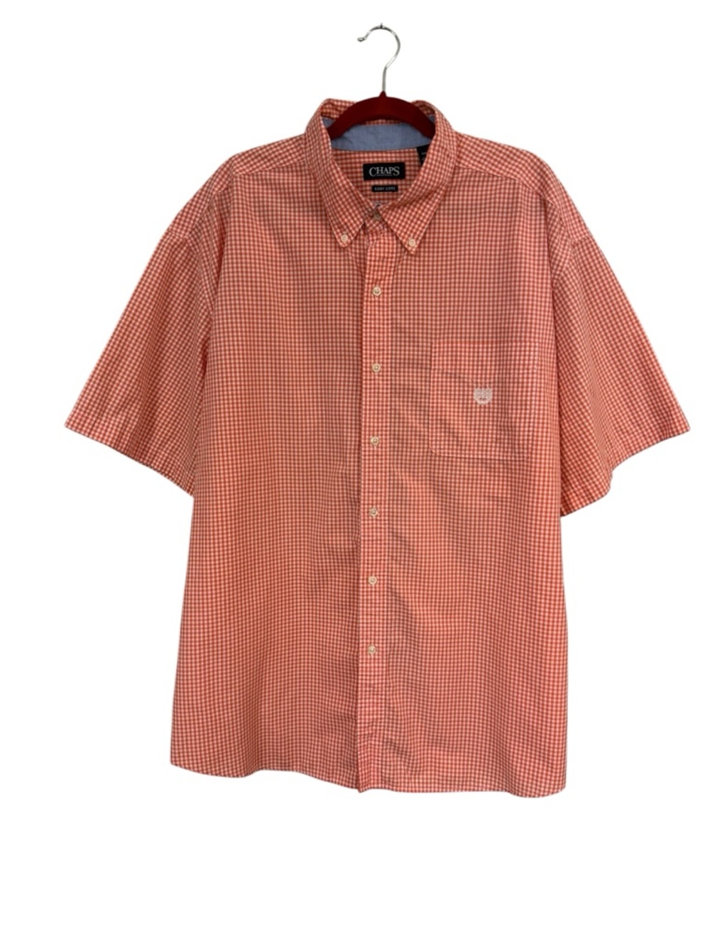 Chaps Easy Care Button Down Shirt 3XB Check Orange Cotton Blend Short Sleeves